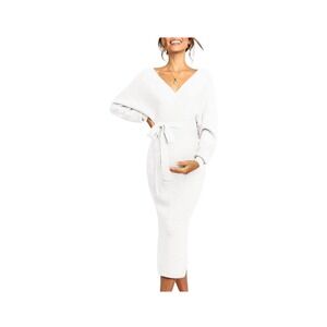 NWOT White Wrap Knit Midi Dress Belted V Neck Side Slit Maternity/Nursing